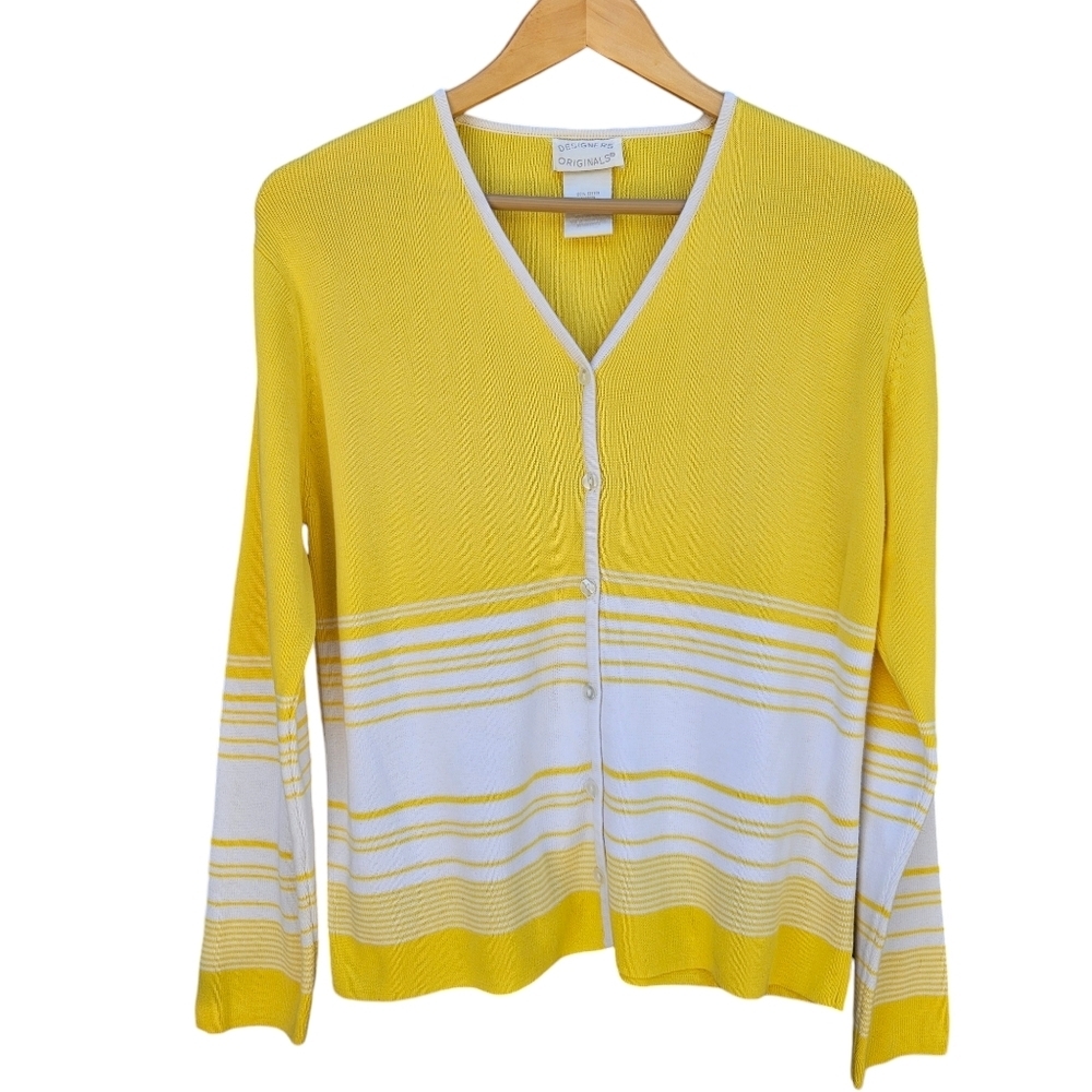 Designers Originals yellow white button up V neck, long sleeve sweater sz M 014